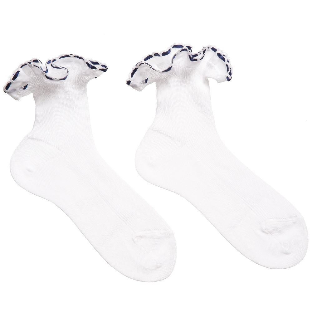 Story Loris - Girls White Cotton Socks with Blue Ribbon Ruffles | Childrensalon