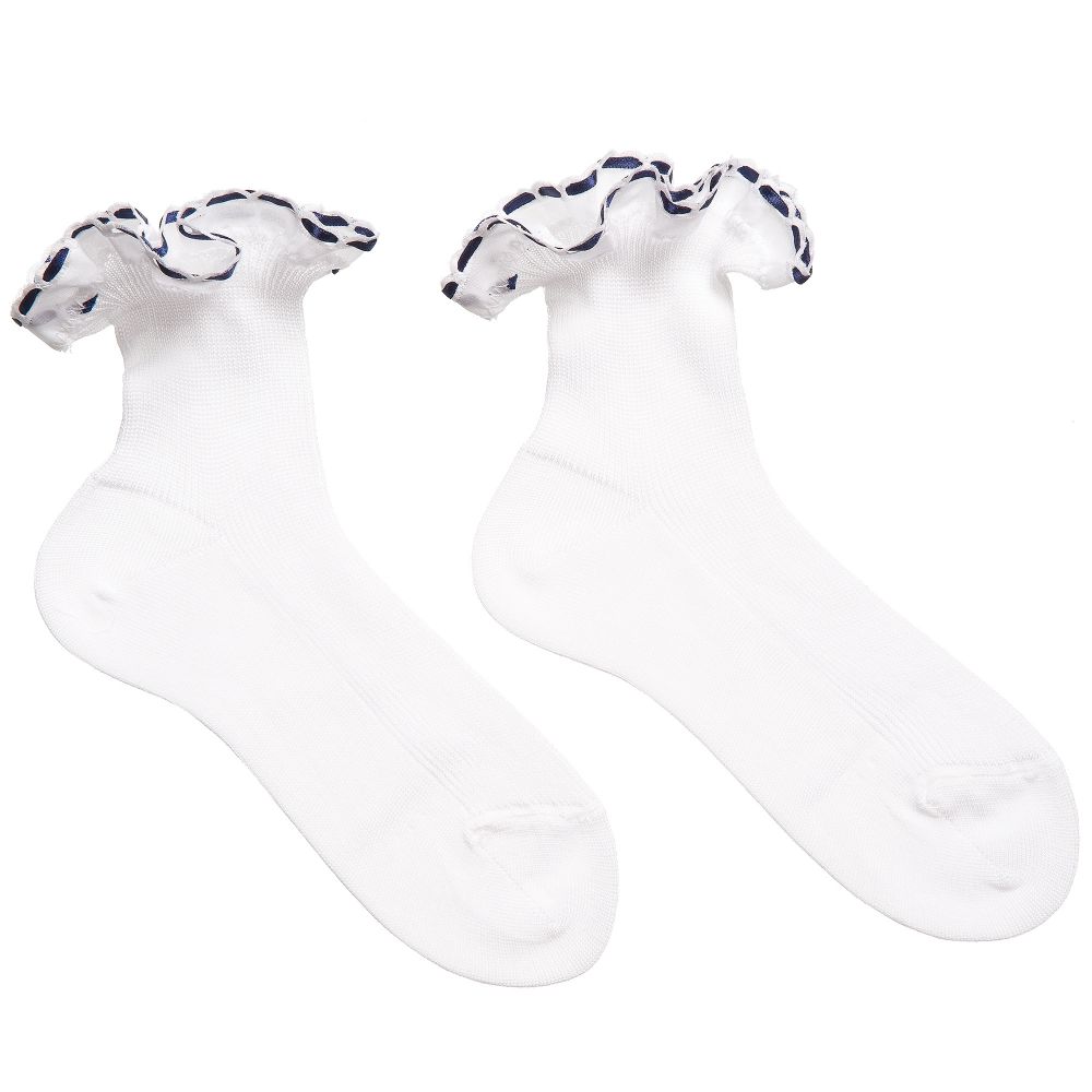 Story Loris-Girls White Cotton Socks with Blue Ribbon Ruffles | Childrensalon Outlet