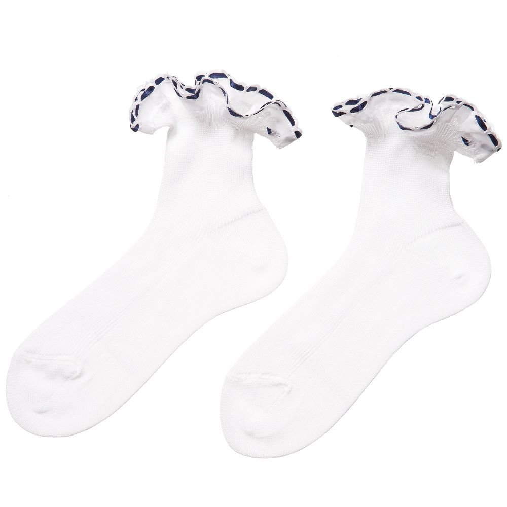 Story Loris-Girls White Cotton Socks with Blue Ribbon Ruffles | Childrensalon Outlet