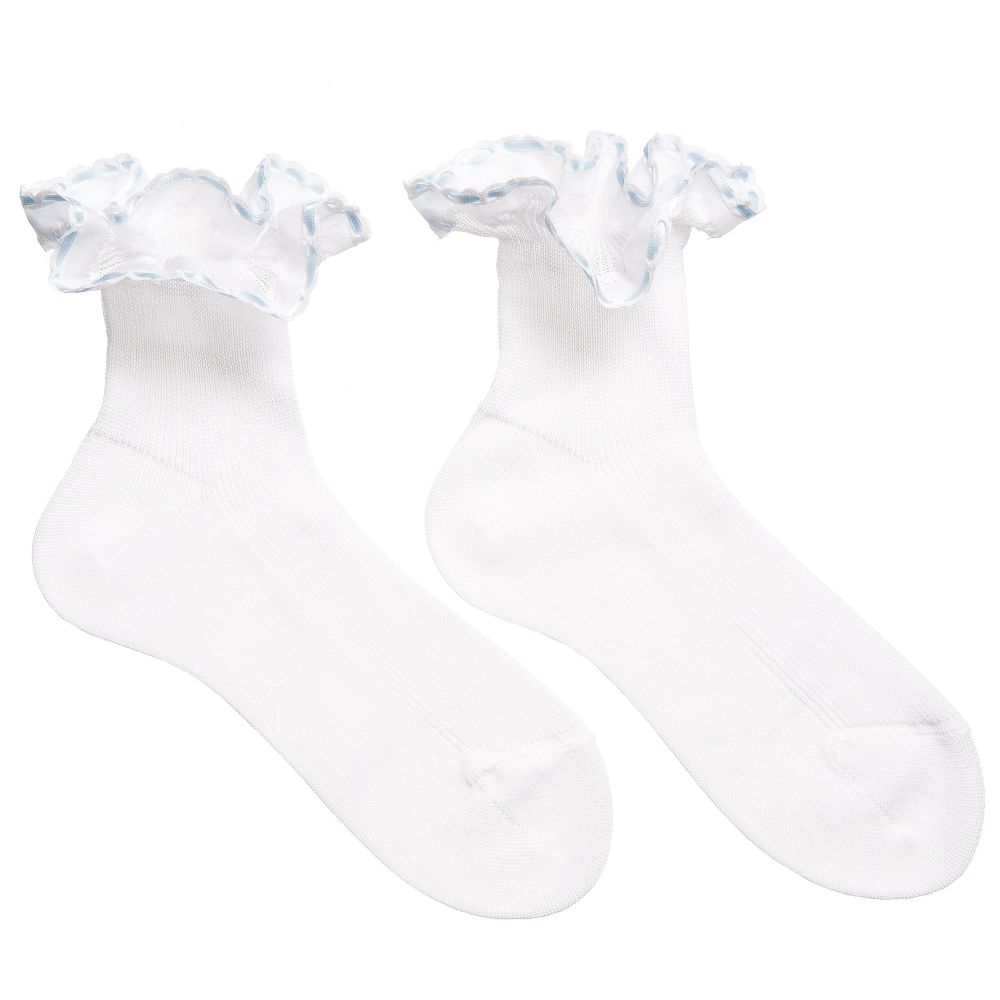 Story Loris - Girls White Cotton Socks with Pale Blue Ribbon Ruffles | Childrensalon