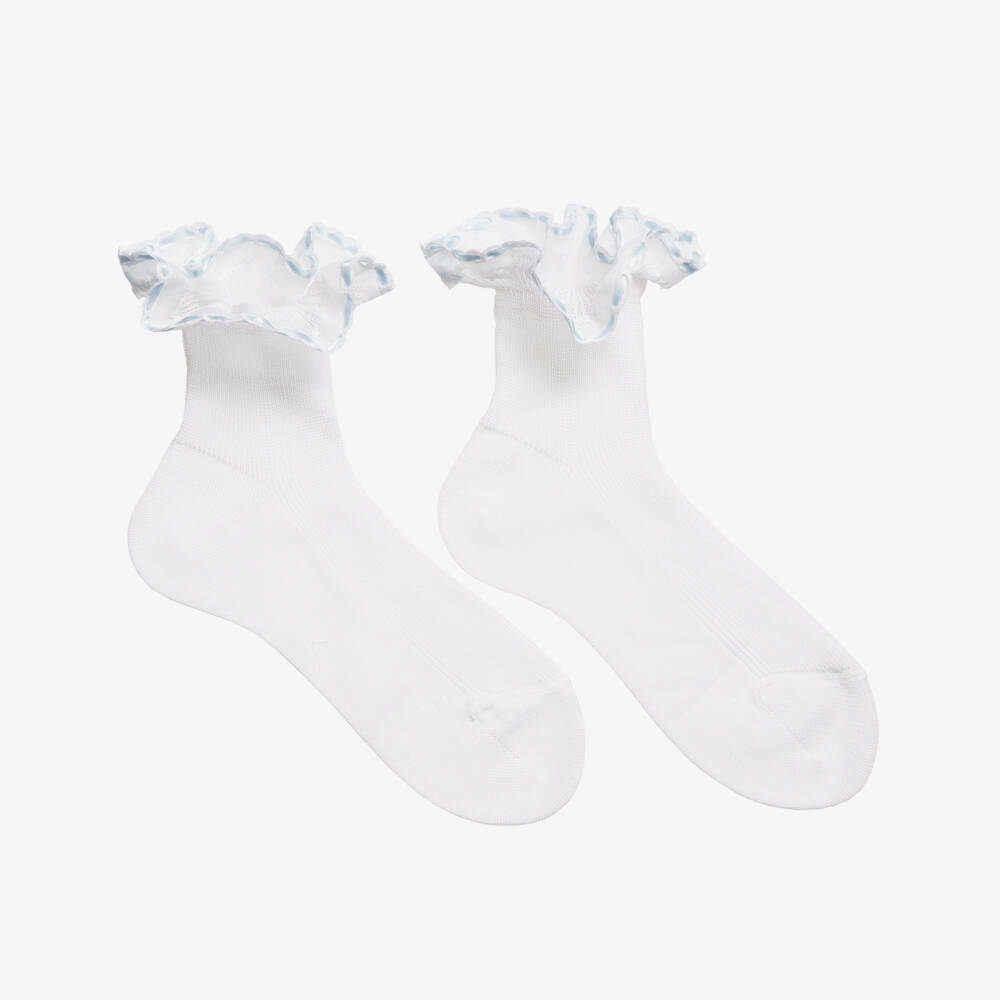 Story Loris-Girls White Cotton Socks with Pale Blue Ribbon Ruffles | Childrensalon Outlet