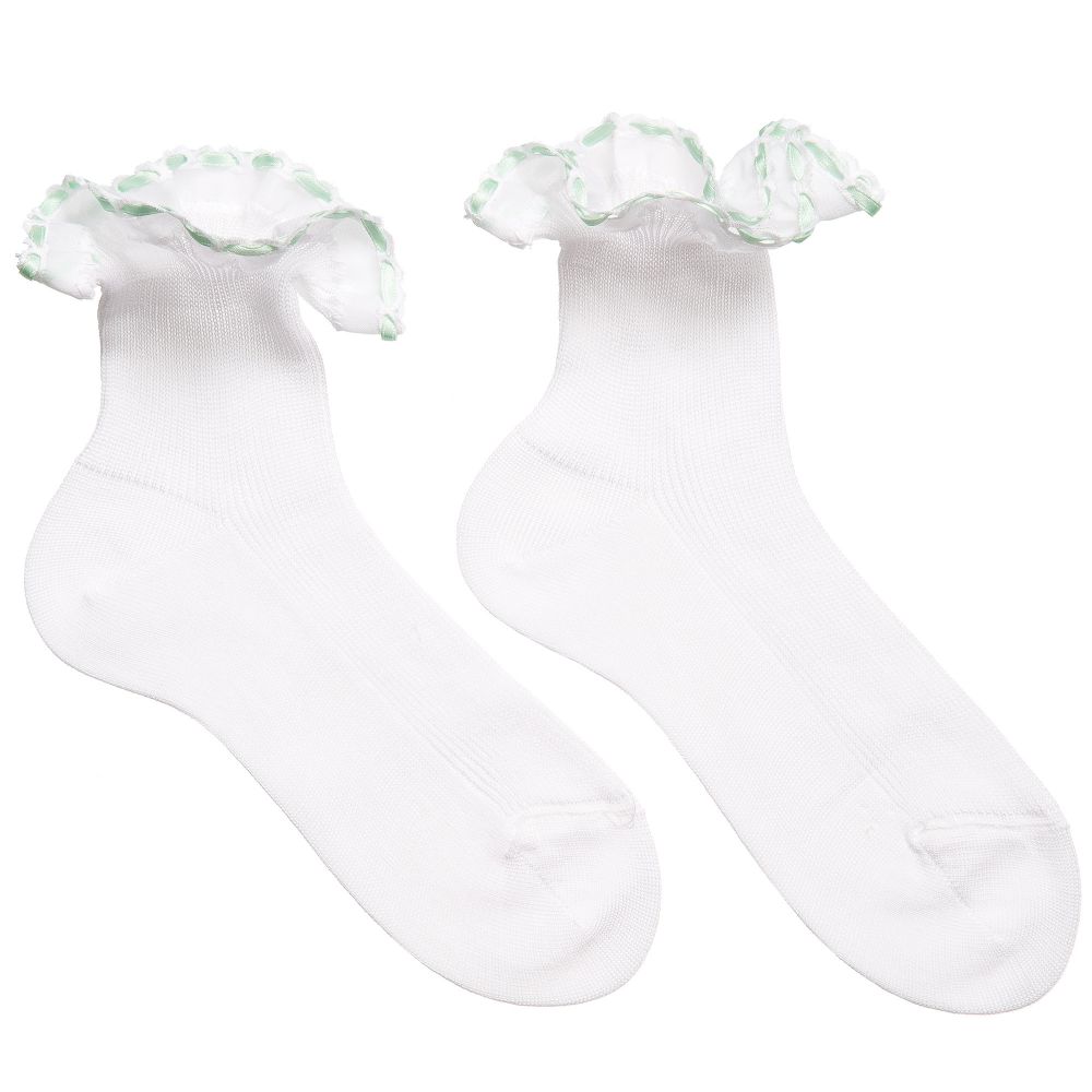 Story Loris-Girls White Cotton Socks with Pale Green Ribbon Ruffles | Childrensalon Outlet