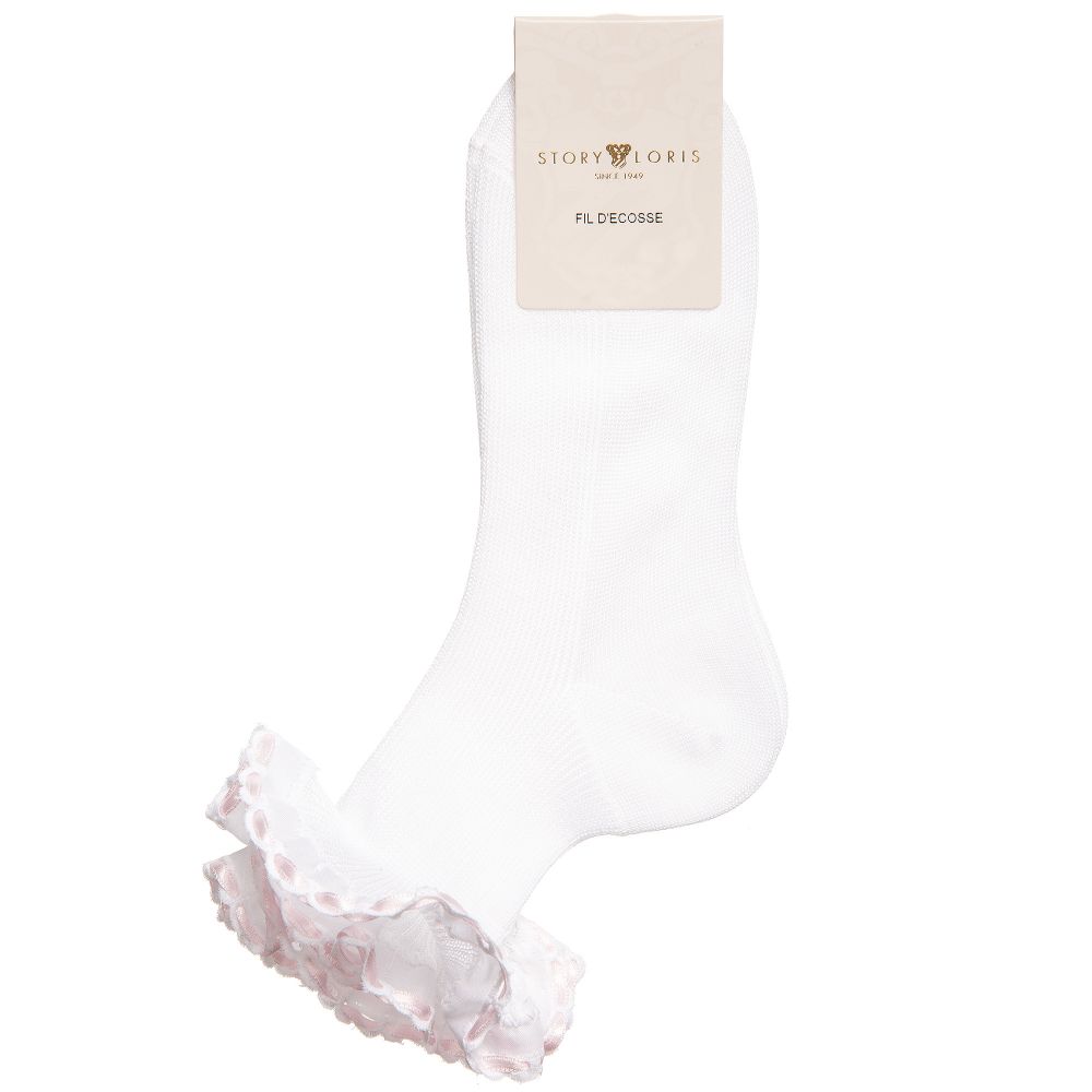 Story Loris-Girls White Cotton Socks with Pale Pink Ribbon Ruffles | Childrensalon Outlet