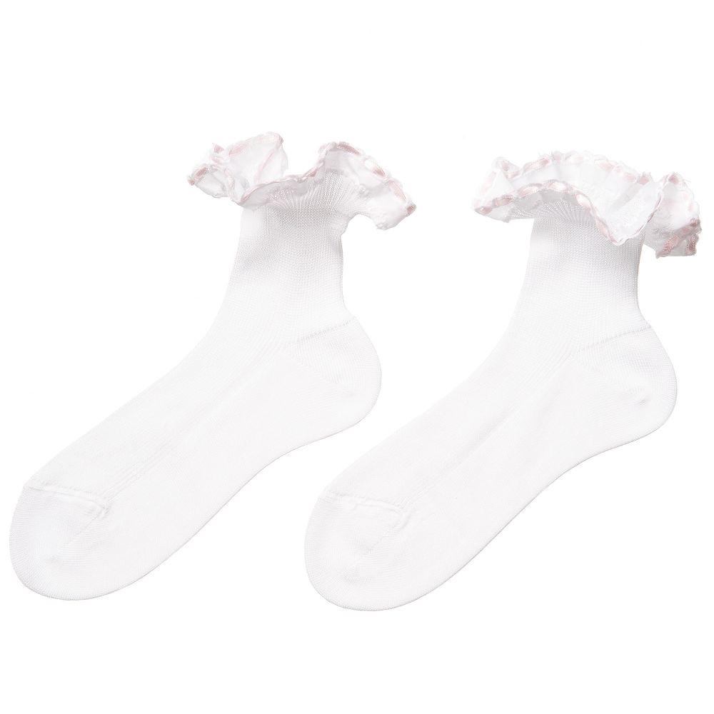 Story Loris-Girls White Cotton Socks with Pale Pink Ribbon Ruffles | Childrensalon Outlet