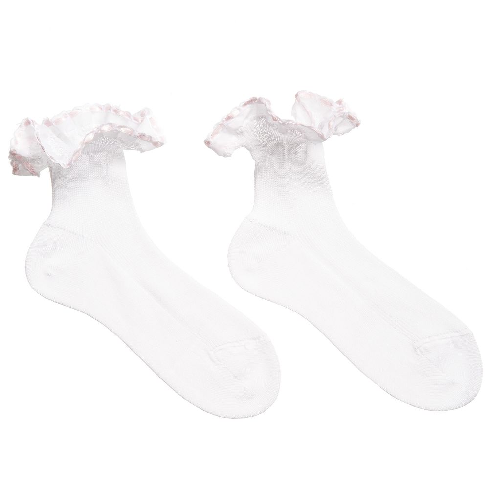 Story Loris - Girls White Cotton Socks with Pale Pink Ribbon Ruffles | Childrensalon