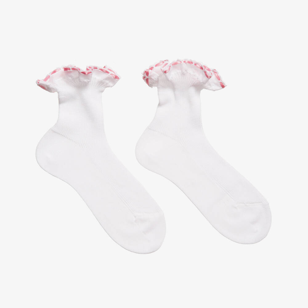 Story Loris-Girls White Cotton Socks with Pink Ribbon Ruffles | Childrensalon Outlet