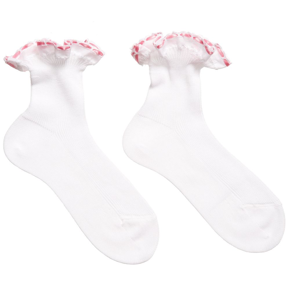 Story Loris - Girls White Cotton Socks with Pink Ribbon Ruffles | Childrensalon