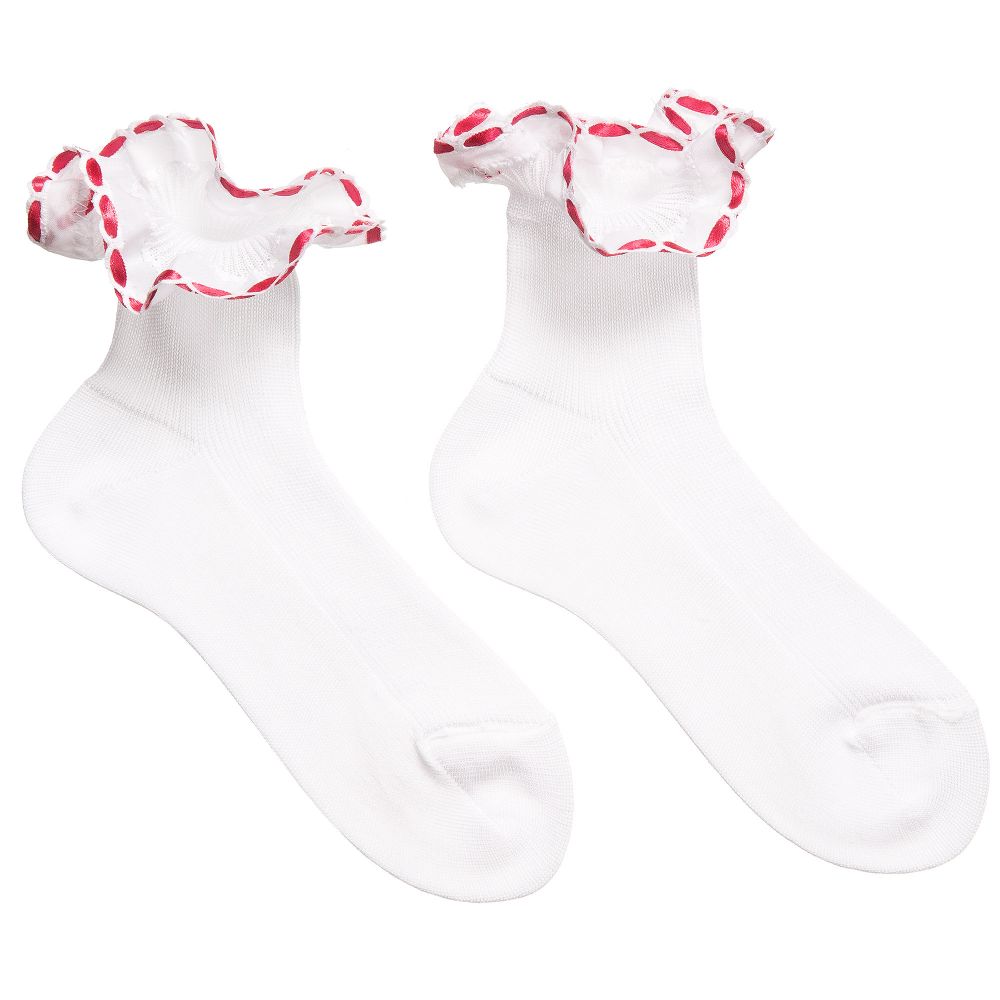 Story Loris - Girls White Cotton Socks with Red Ribbon Ruffles | Childrensalon