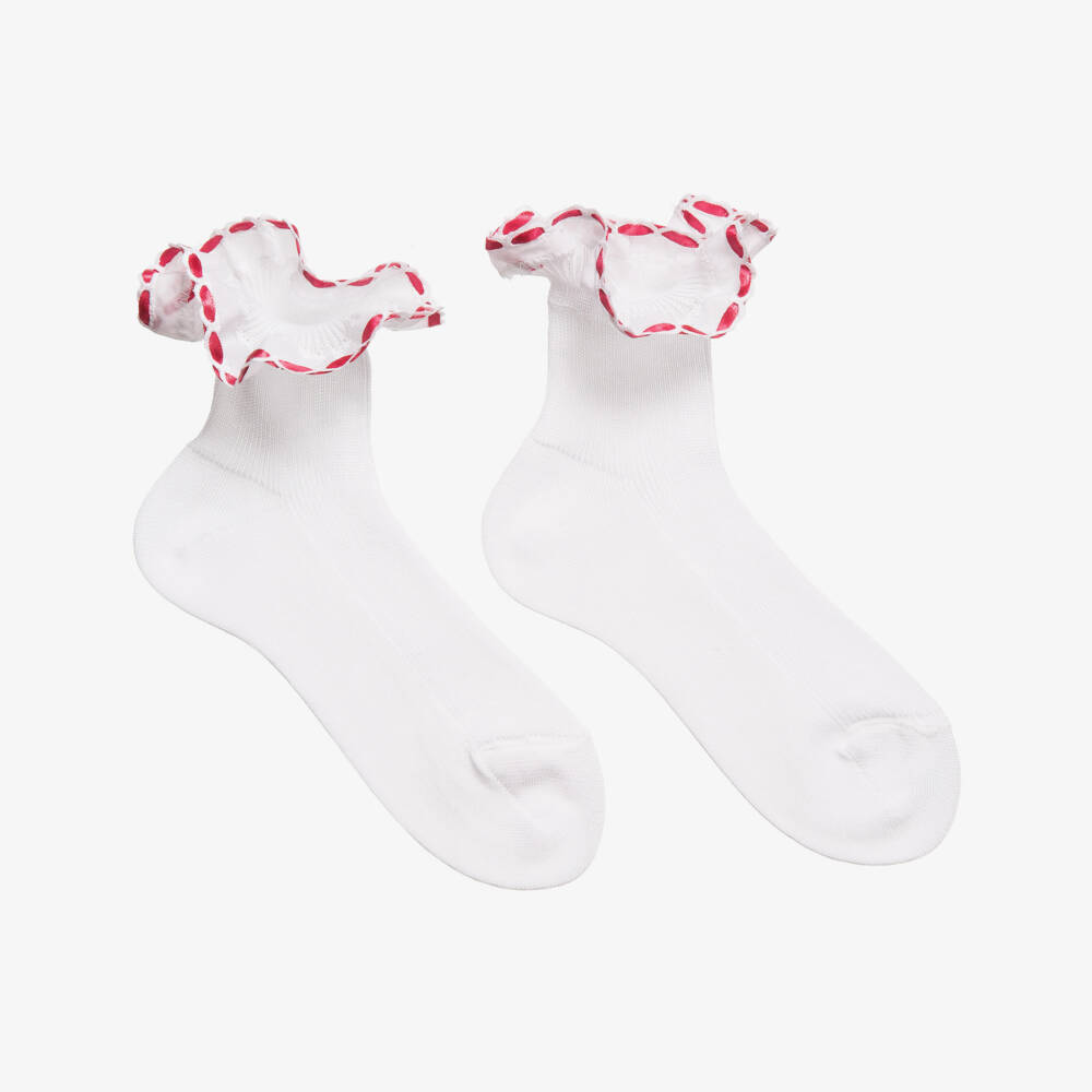 Story Loris-Girls White Cotton Socks with Red Ribbon Ruffles | Childrensalon Outlet