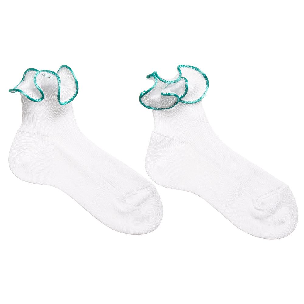 Story Loris - Girls White & Green Ruffle Socks | Childrensalon