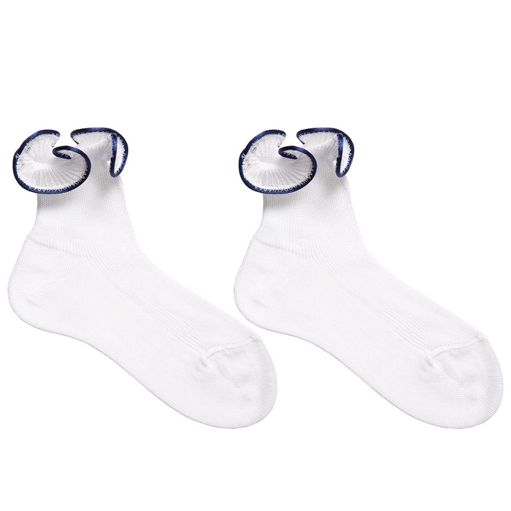 Story Loris - Girls White & Navy Blue Ruffle Socks | Childrensalon