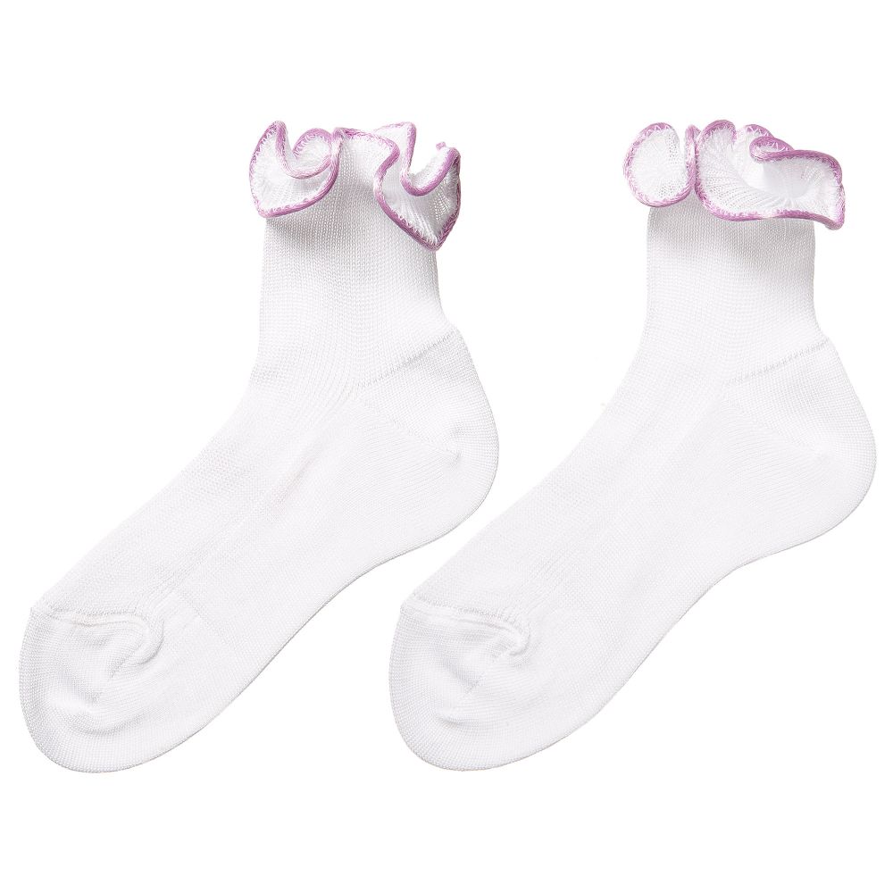 Story Loris-Girls White & Purple Ruffle Socks | Childrensalon Outlet