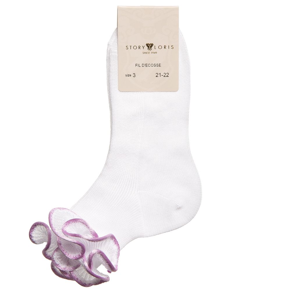 Story Loris-Girls White & Purple Ruffle Socks | Childrensalon Outlet