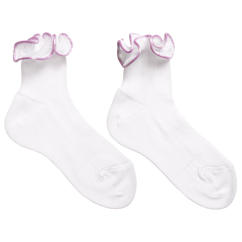 Story Loris - Girls White & Purple Ruffle Socks | Childrensalon
