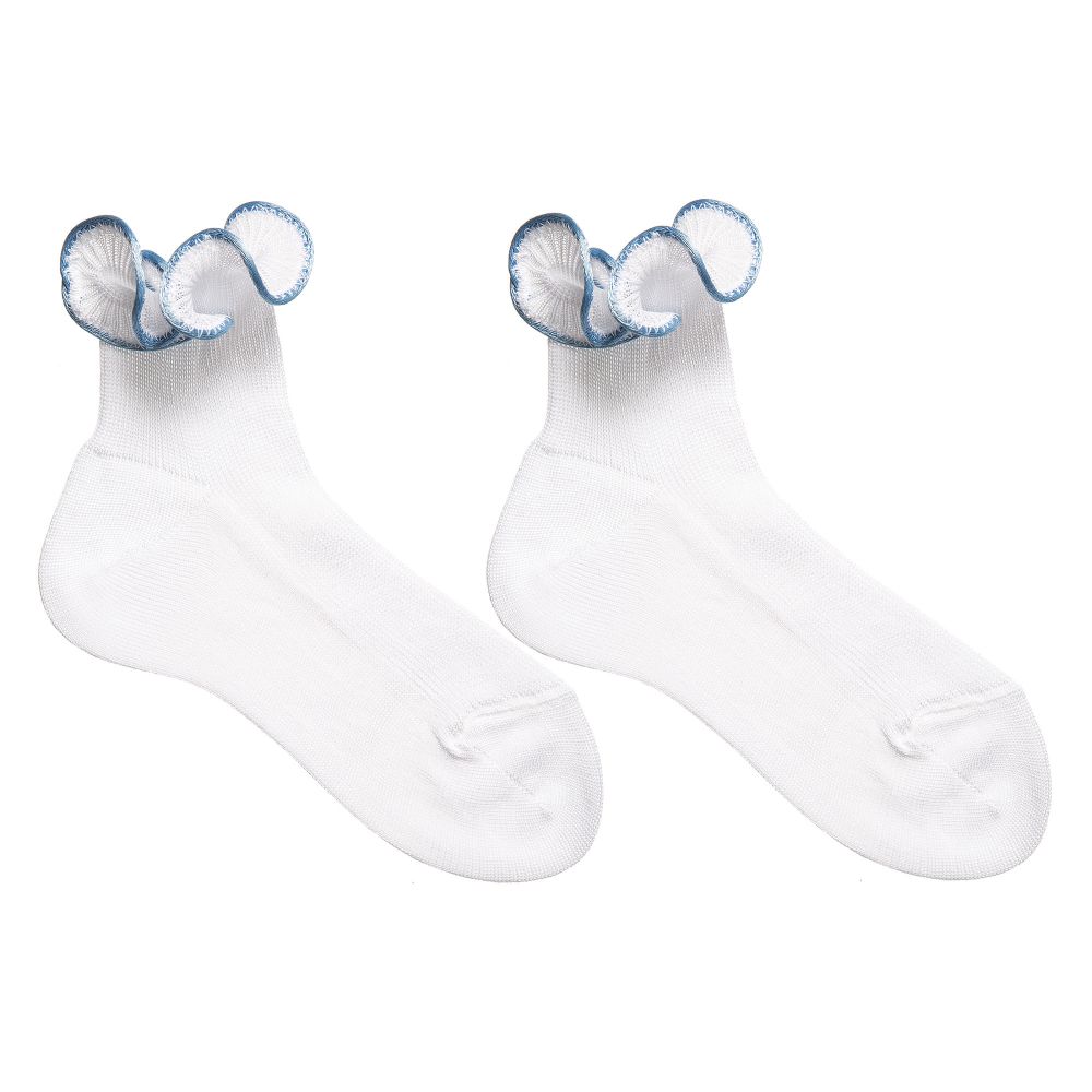 Story Loris - Girls White & Sky Blue Ruffle Socks | Childrensalon