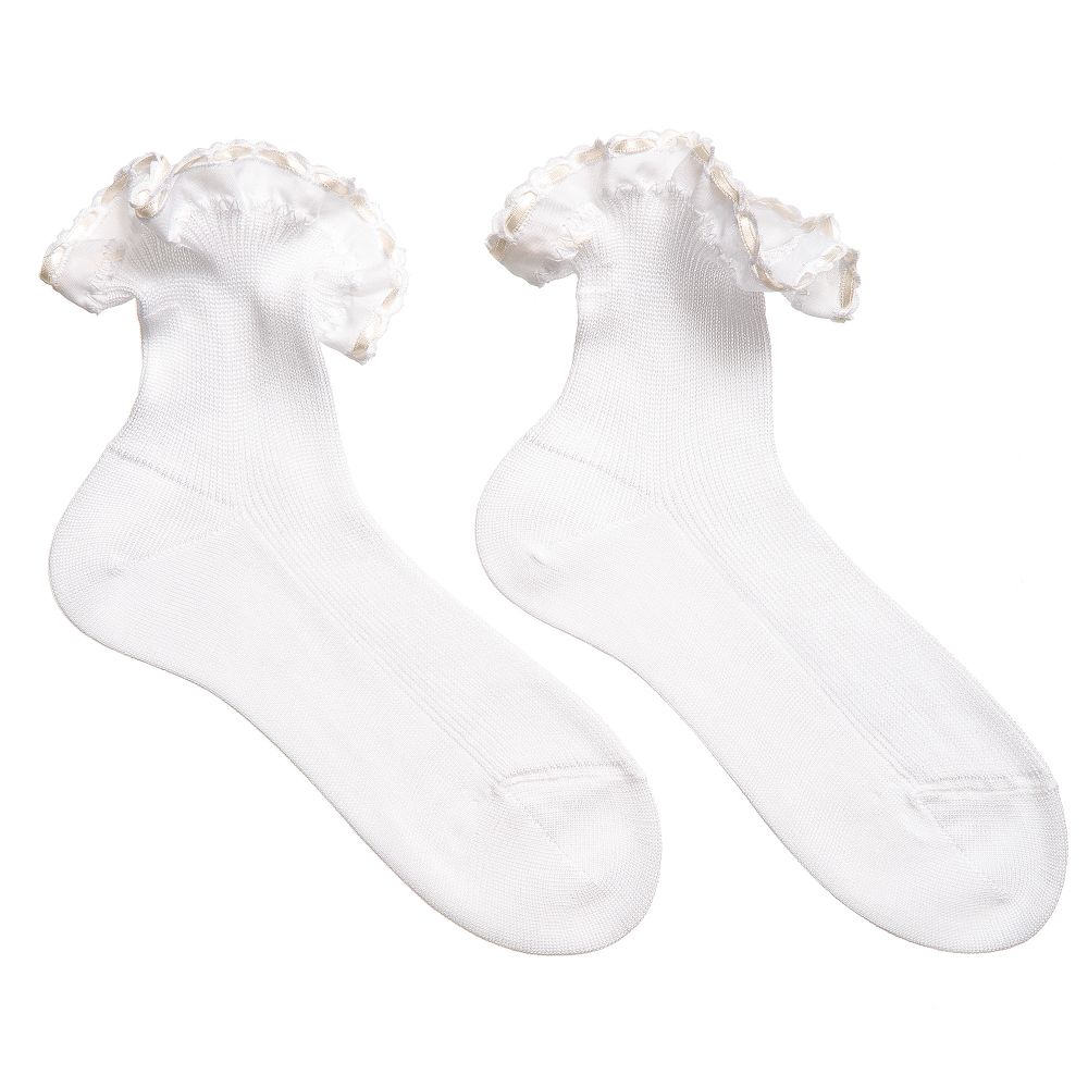 Story Loris-Girls White Socks with Ivory Ribbon Ruffles | Childrensalon Outlet