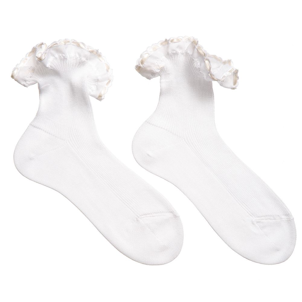 Story Loris - Girls White Socks with Ivory Ribbon Ruffles | Childrensalon