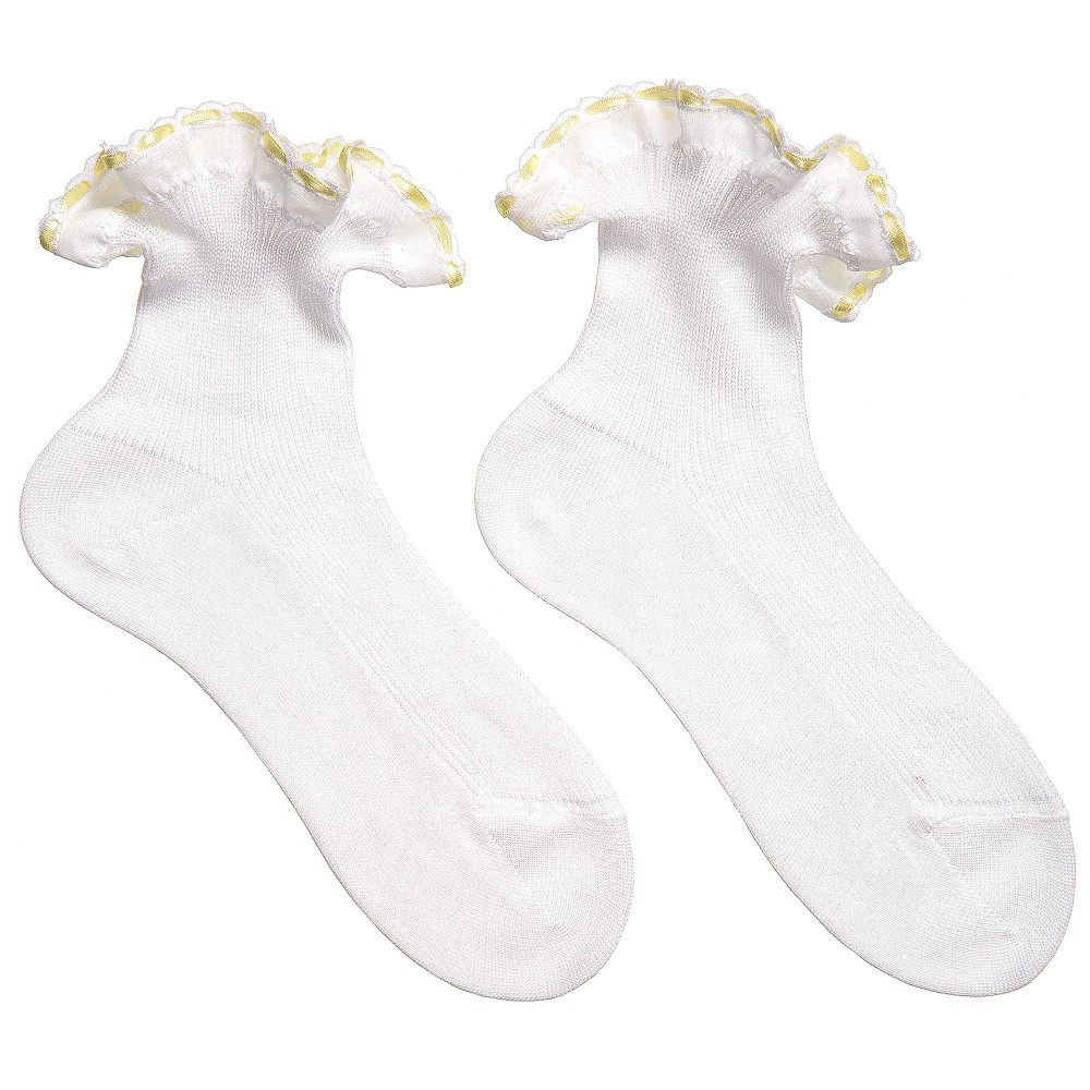 Story Loris - Girls White Socks with Yellow Ribbon Ruffles | Childrensalon