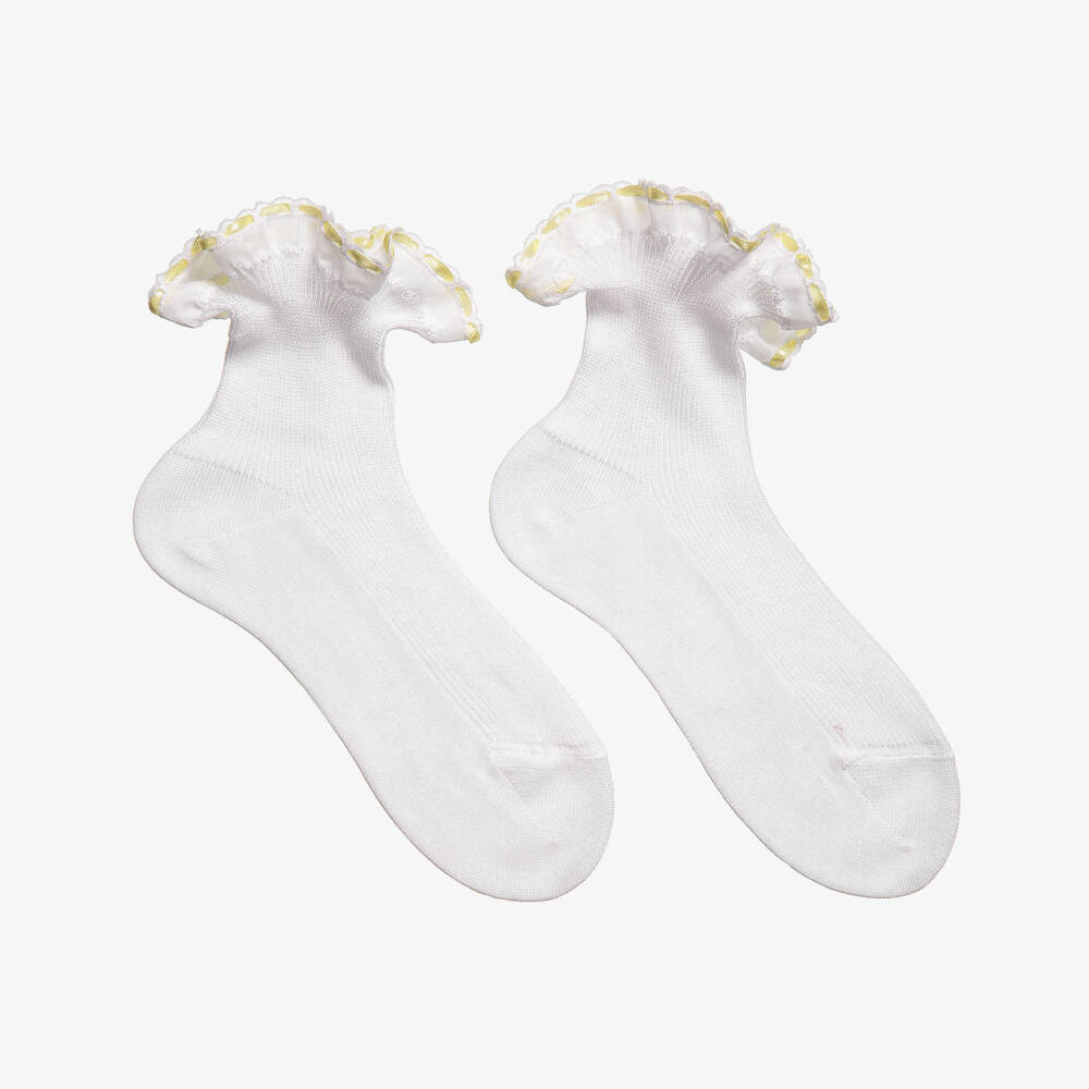 Story Loris-Girls White Socks with Yellow Ribbon Ruffles | Childrensalon Outlet
