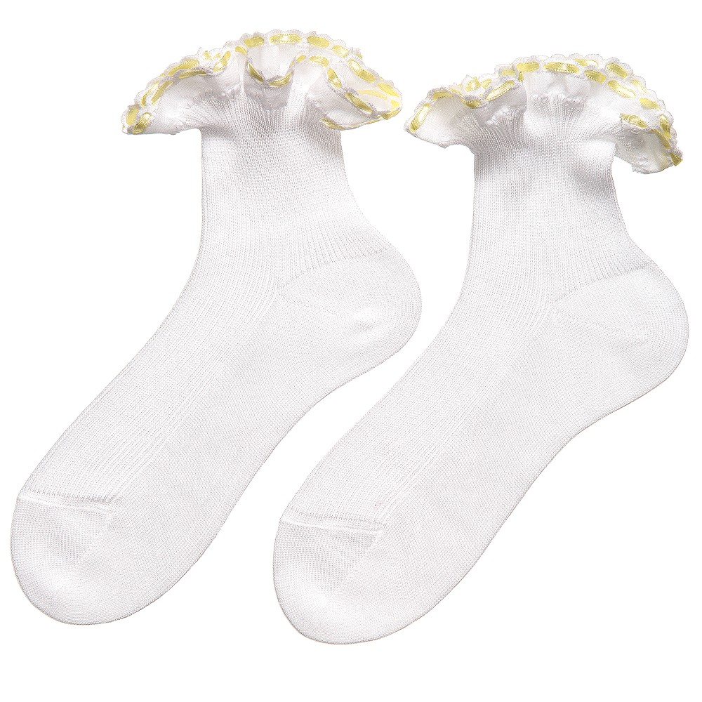 Story Loris-جوارب كشكش قطن لون أبيض وأصفر للبنات | Childrensalon Outlet