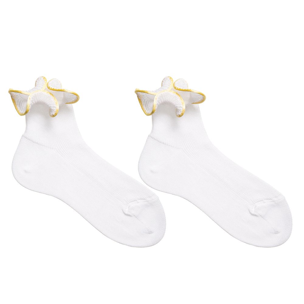 Story Loris - Girls White & Yellow Ruffle Socks | Childrensalon
