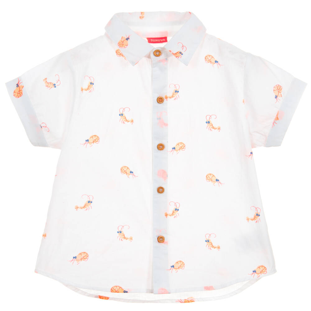 Sunuva-Baby Boys White Shrimp Print Cotton Shirt | Childrensalon Outlet