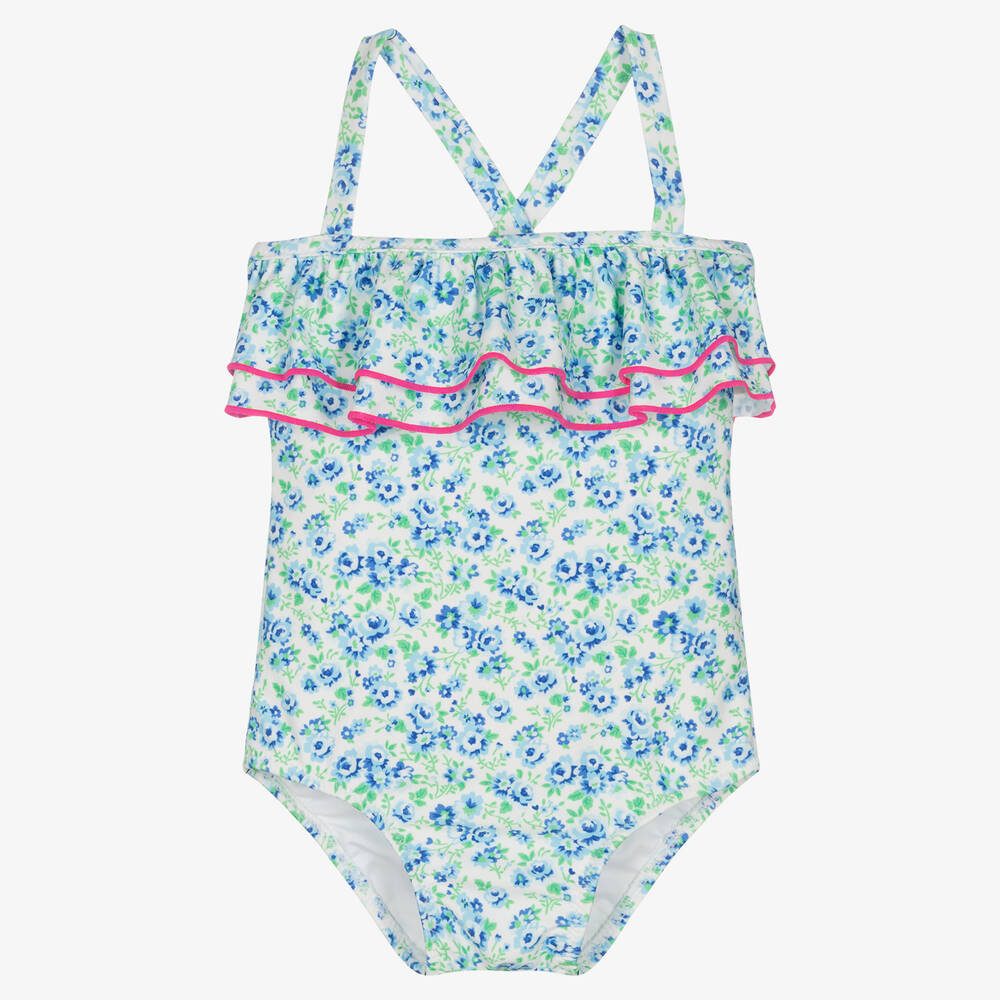 Sunuva - Baby Girls White & Blue Floral Swimsuit | Childrensalon