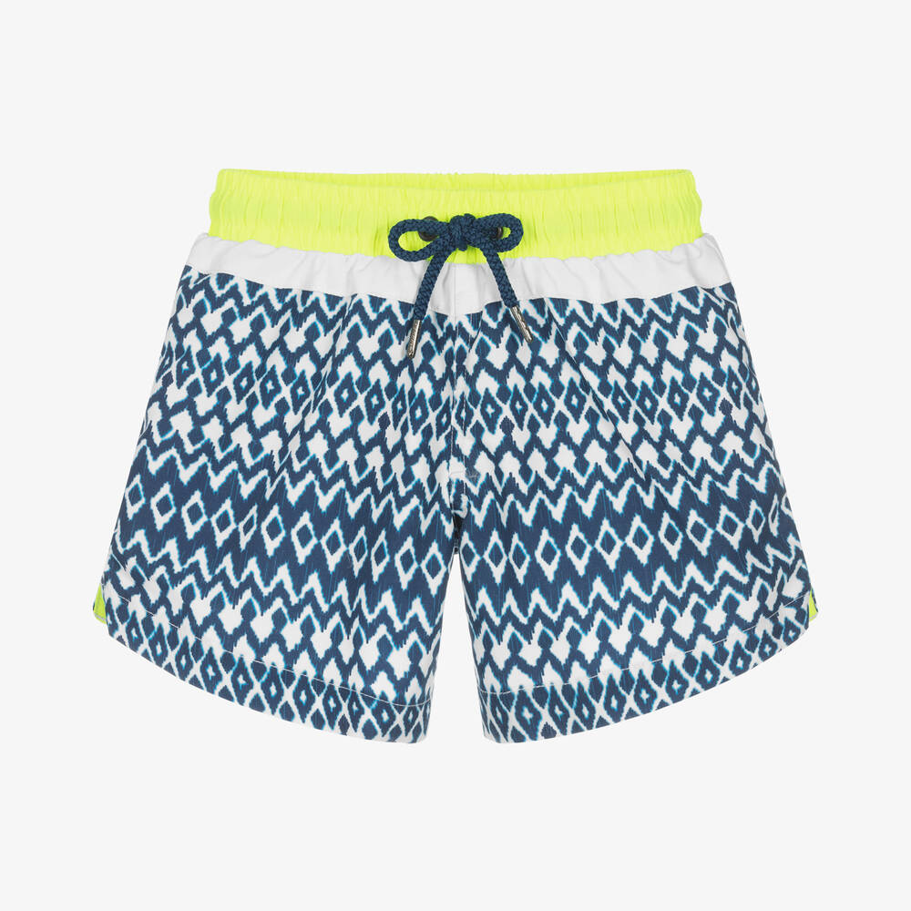 Sunuva - Boys White & Blue Ikat Print Swim Shorts | Childrensalon