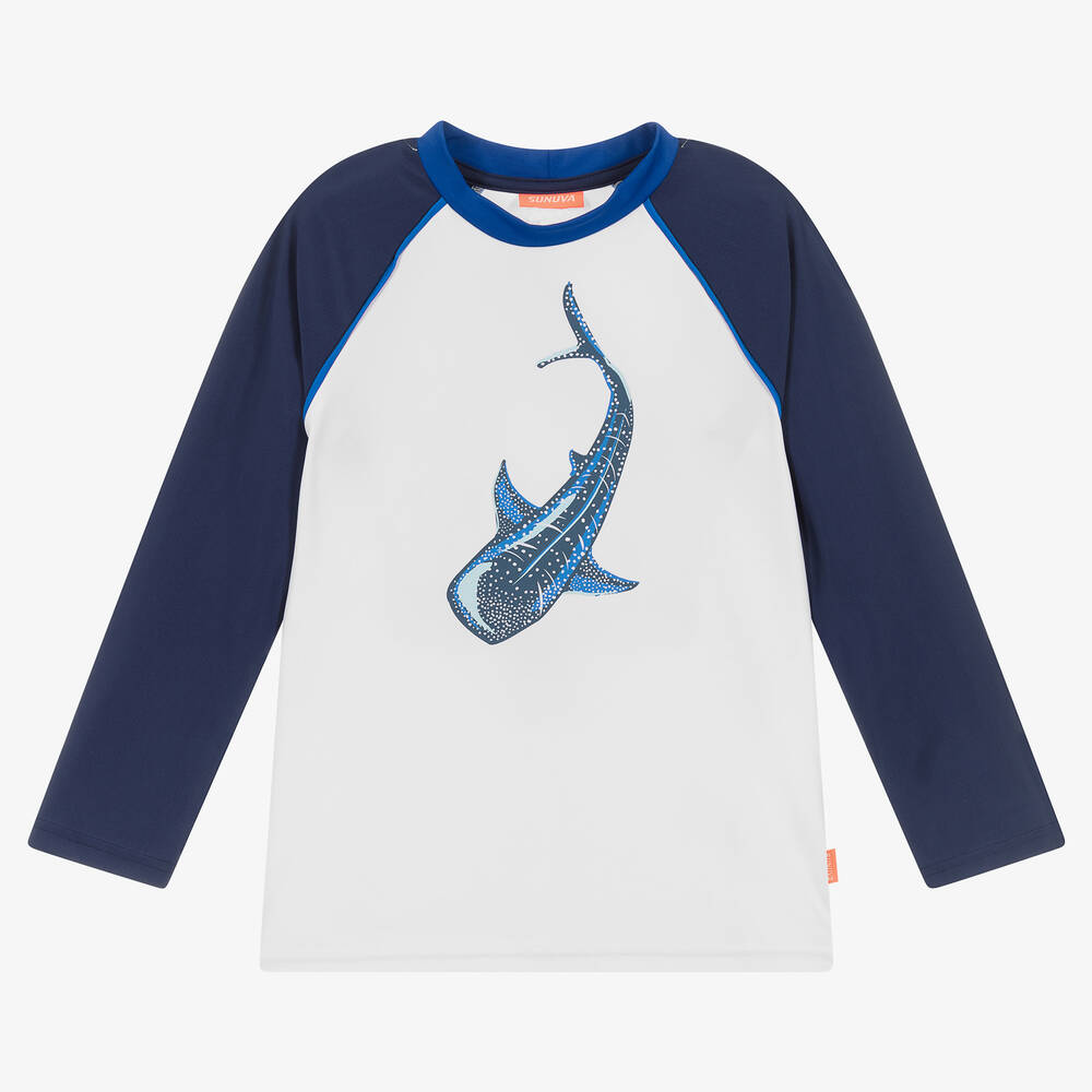 Sunuva - Boys White & Blue Shark Swim Top | Childrensalon