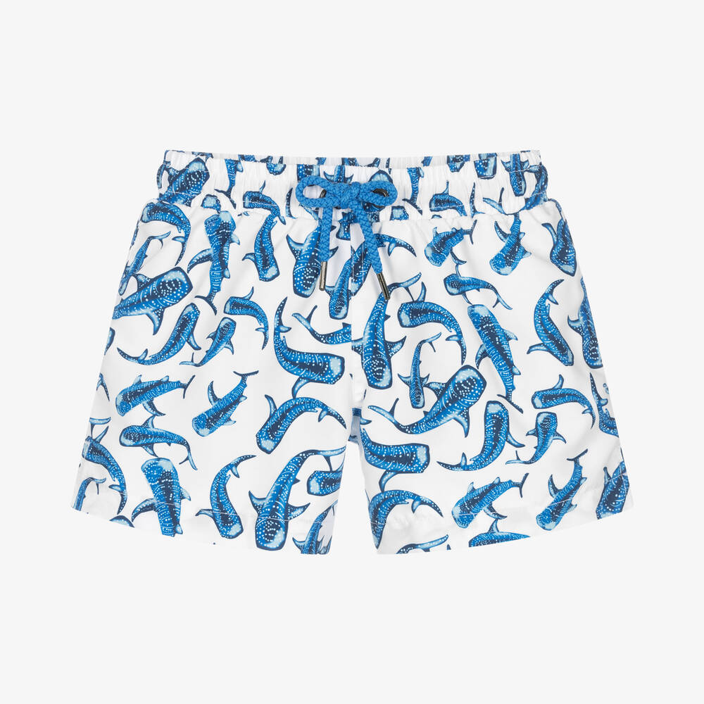 Sunuva - Boys White & Blue Sharks Swim Shorts | Childrensalon