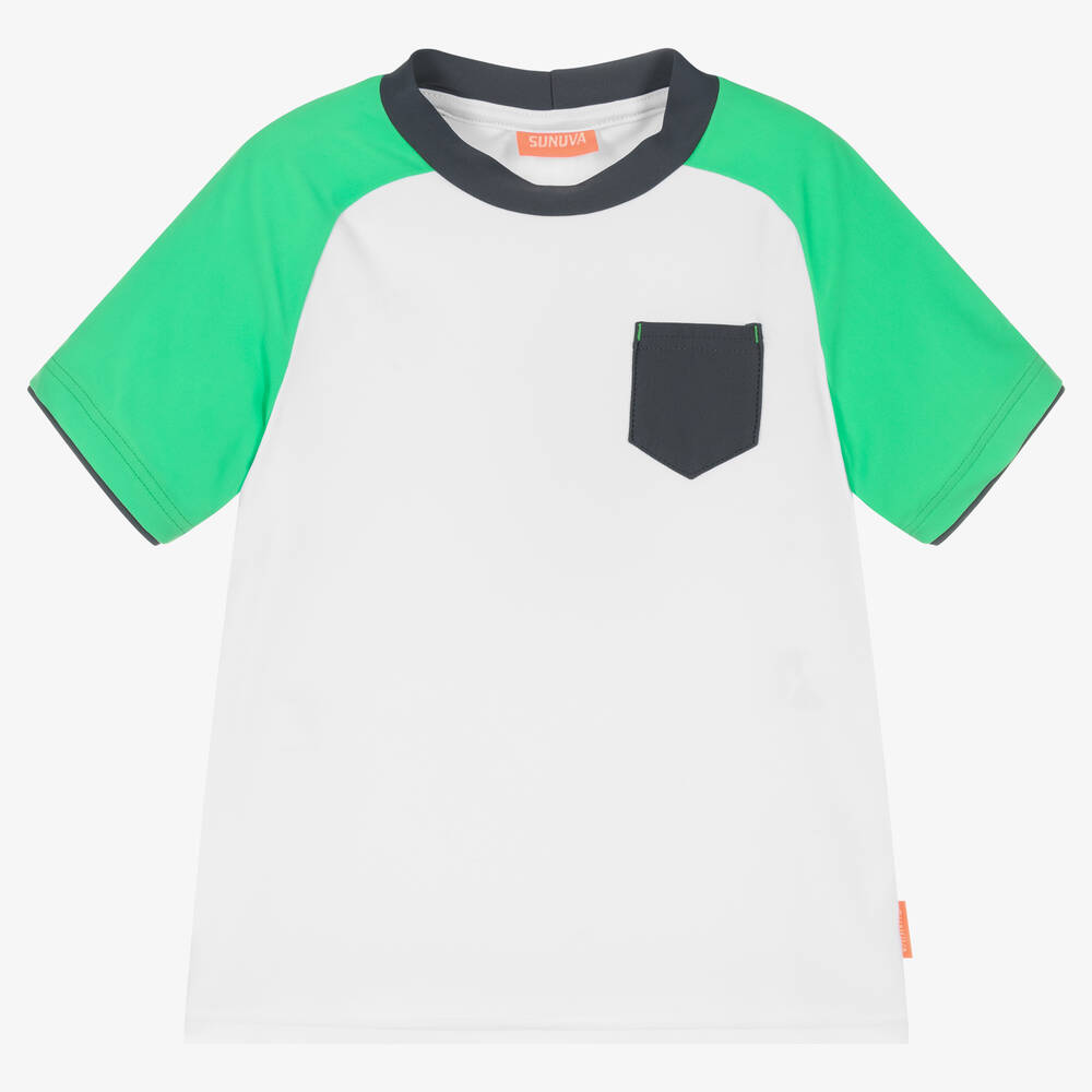 Sunuva - Boys White & Green Swim Top | Childrensalon