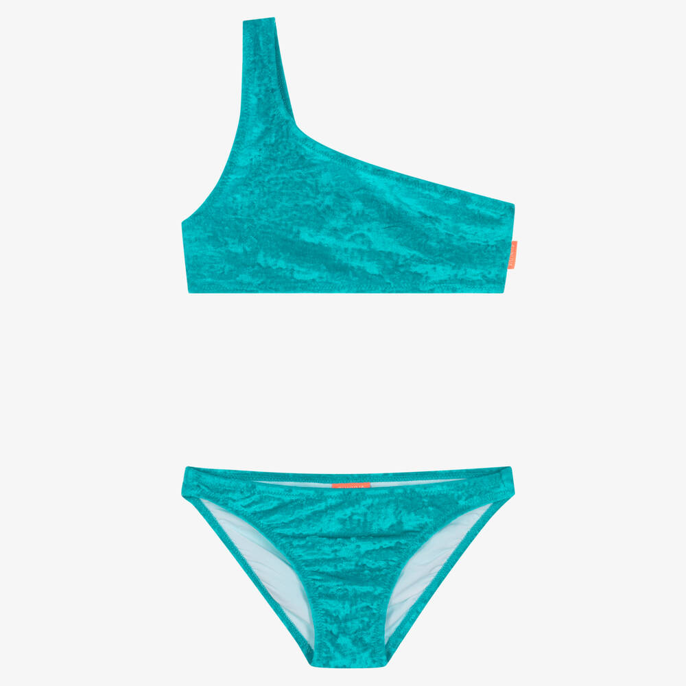 Sunuva - Girls Aqua Blue Velour One Shoulder Bikini | Childrensalon