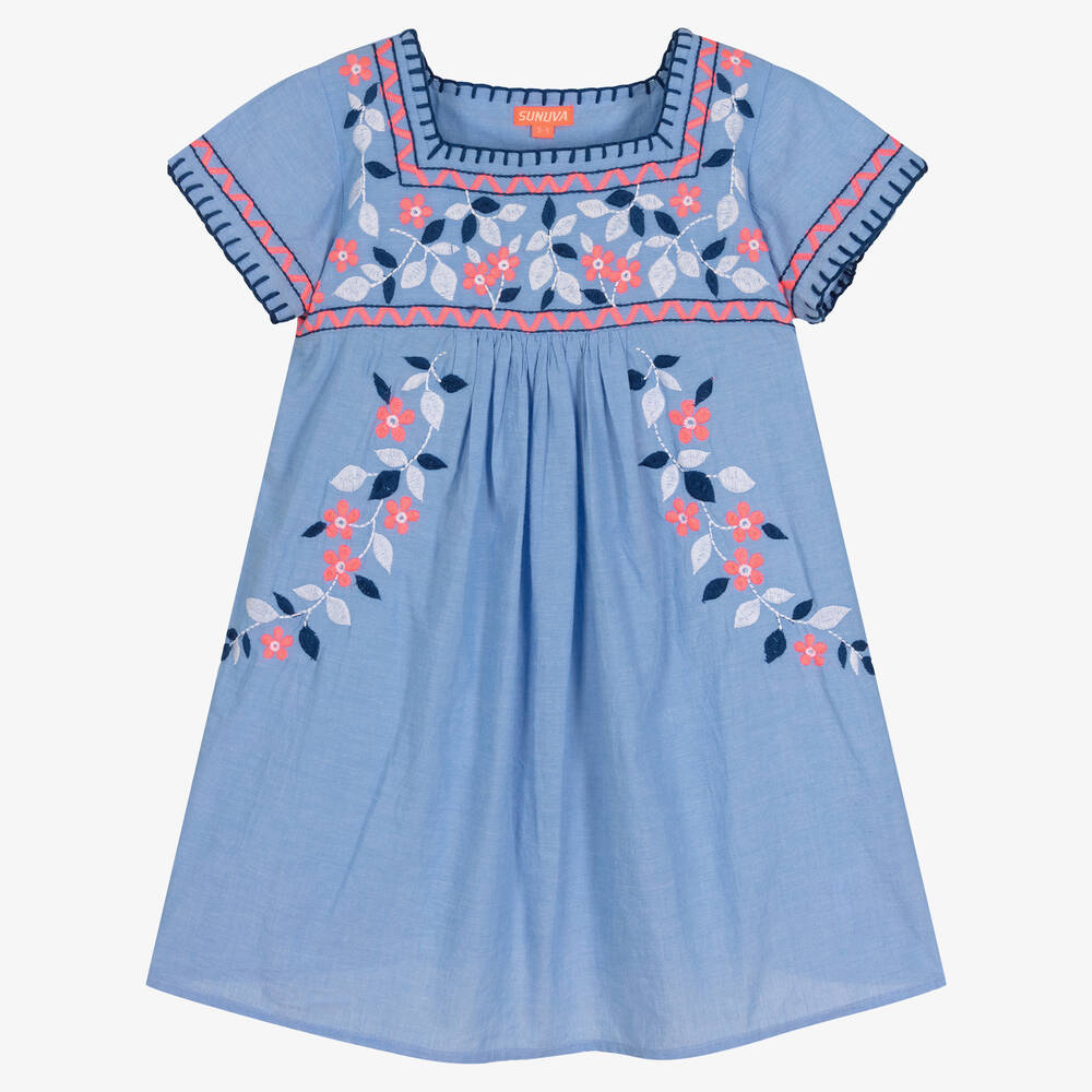 Sunuva - Girls Blue Embroidered Floral Beach Dress | Childrensalon