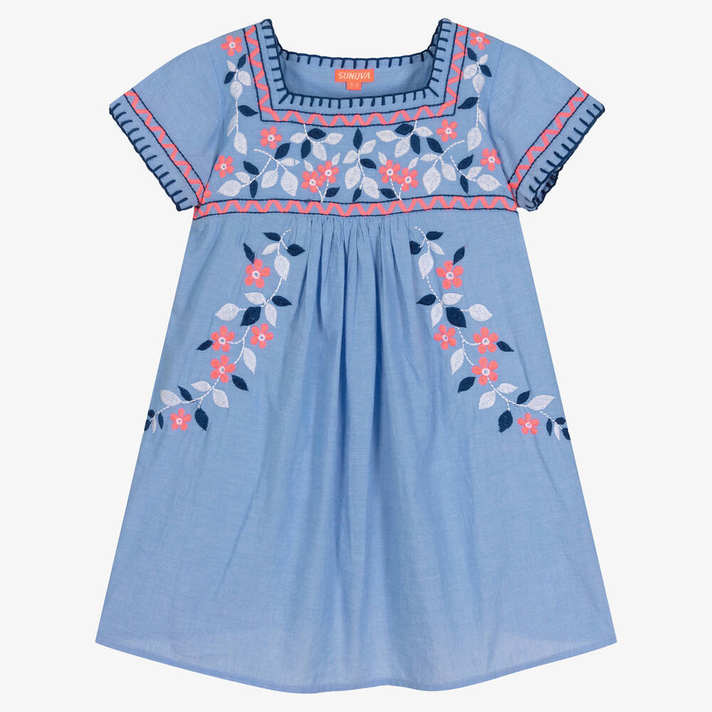 Girls Blue Embroidered Floral Beach Dress
