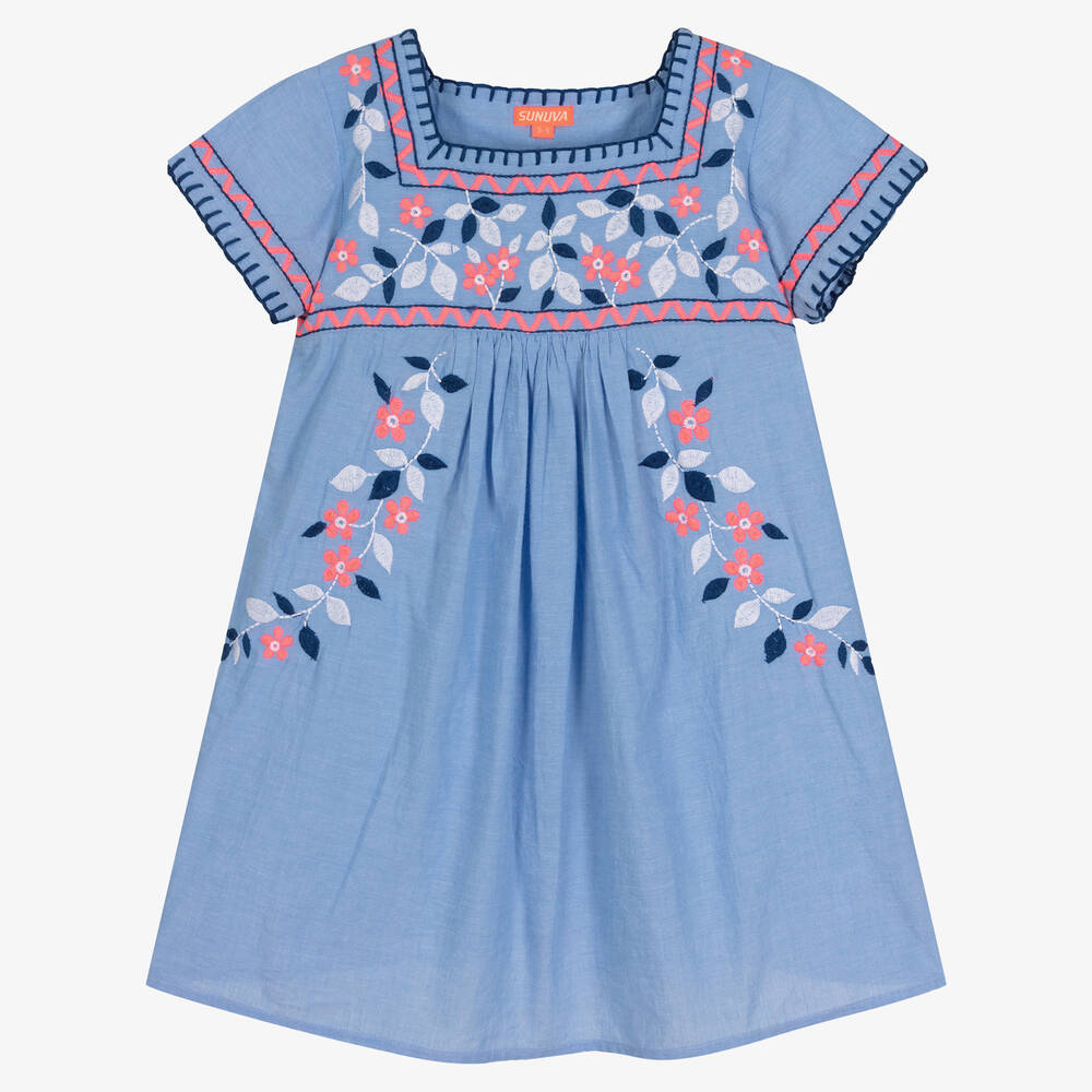 Sunuva - Robe de plage bleue brodée à fleurs | Childrensalon