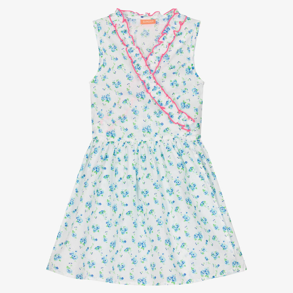 Sunuva - Girls Blue Floral Cotton Wrap Front Dress | Childrensalon