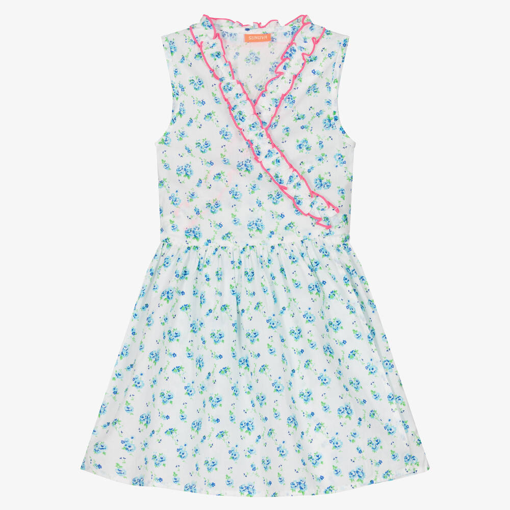 Sunuva-Girls Blue Floral Cotton Wrap Front Dress | Childrensalon Outlet