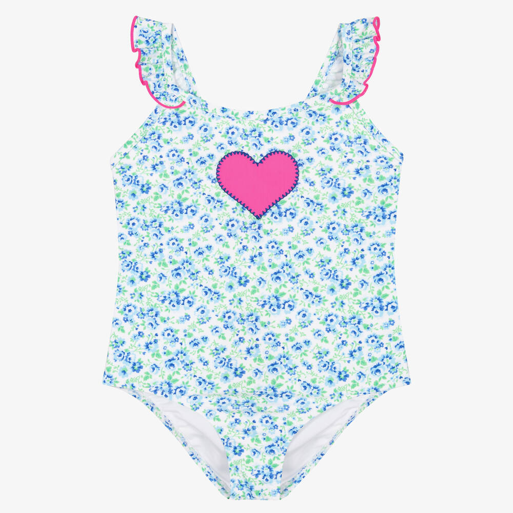 Sunuva - Girls Blue Floral Heart Swimsuit | Childrensalon