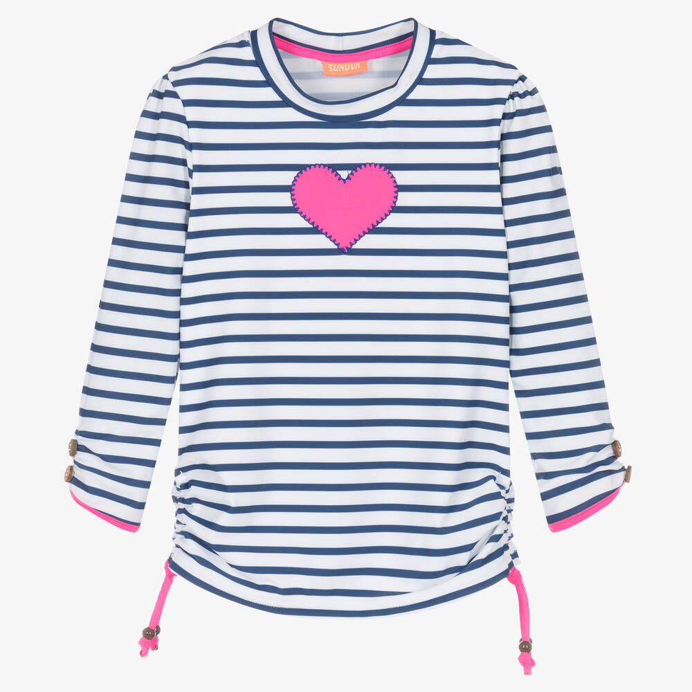 Sunuva - Girls Blue Stripe Heart Swim Top | Childrensalon
