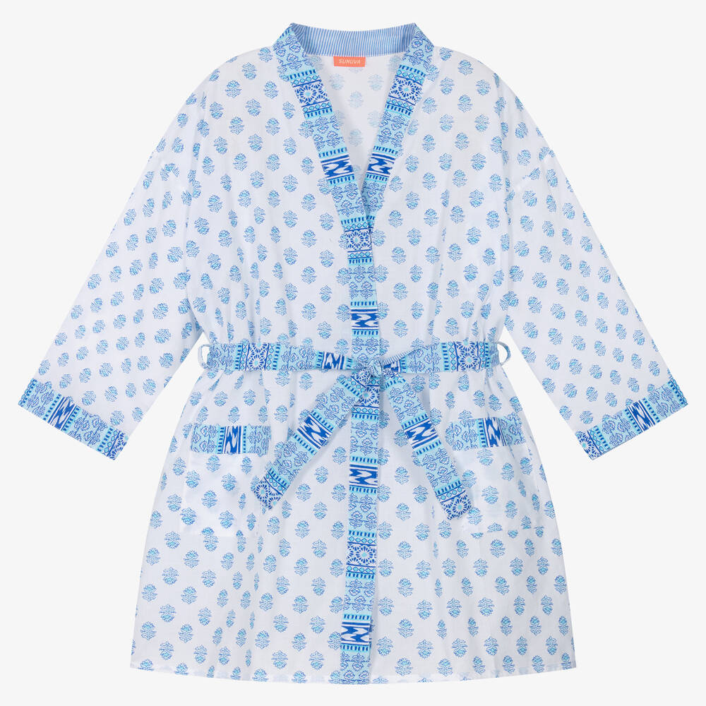 Sunuva - Girls Blue & White Cotton Robe | Childrensalon