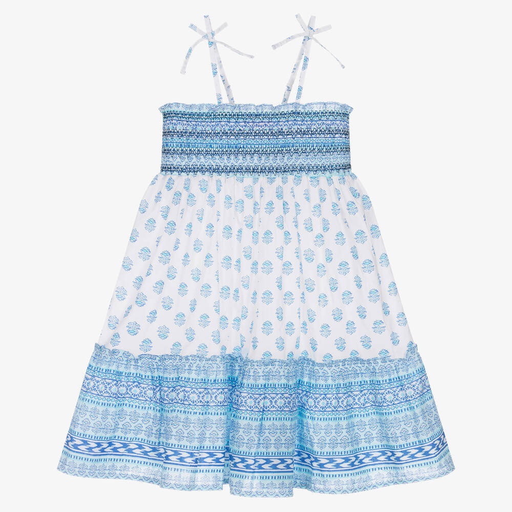 Sunuva - فستان صيفي قطن بوبلين لون أزرق وأبيض | Childrensalon