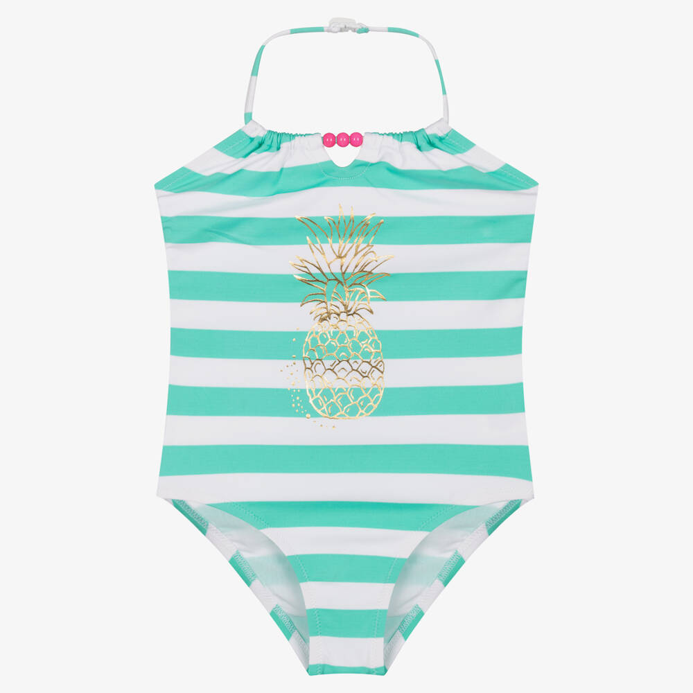 Sunuva - Girls Green Striped Swimsuit (UPF 50+) | Childrensalon