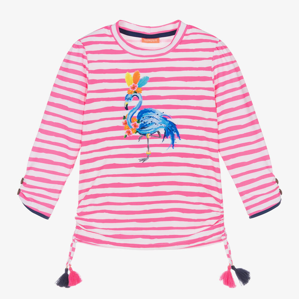 Sunuva - Girls Pink Stripe Flamingo Swim Top  | Childrensalon