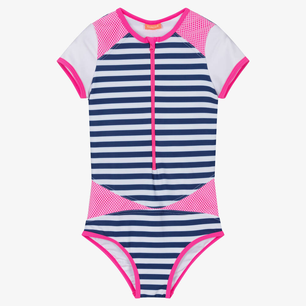 Sunuva - Girls White & Blue Stripe Zip Swimsuit | Childrensalon