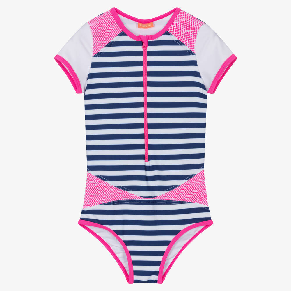 Sunuva-Girls White & Blue Stripe Zip Swimsuit | Childrensalon Outlet
