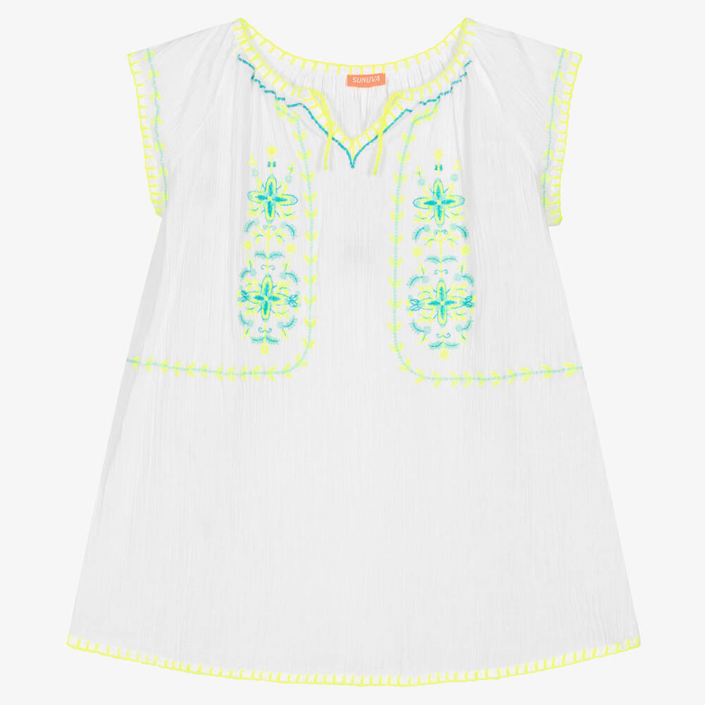 Sunuva - Girls White Cotton Embroidered Dress | Childrensalon