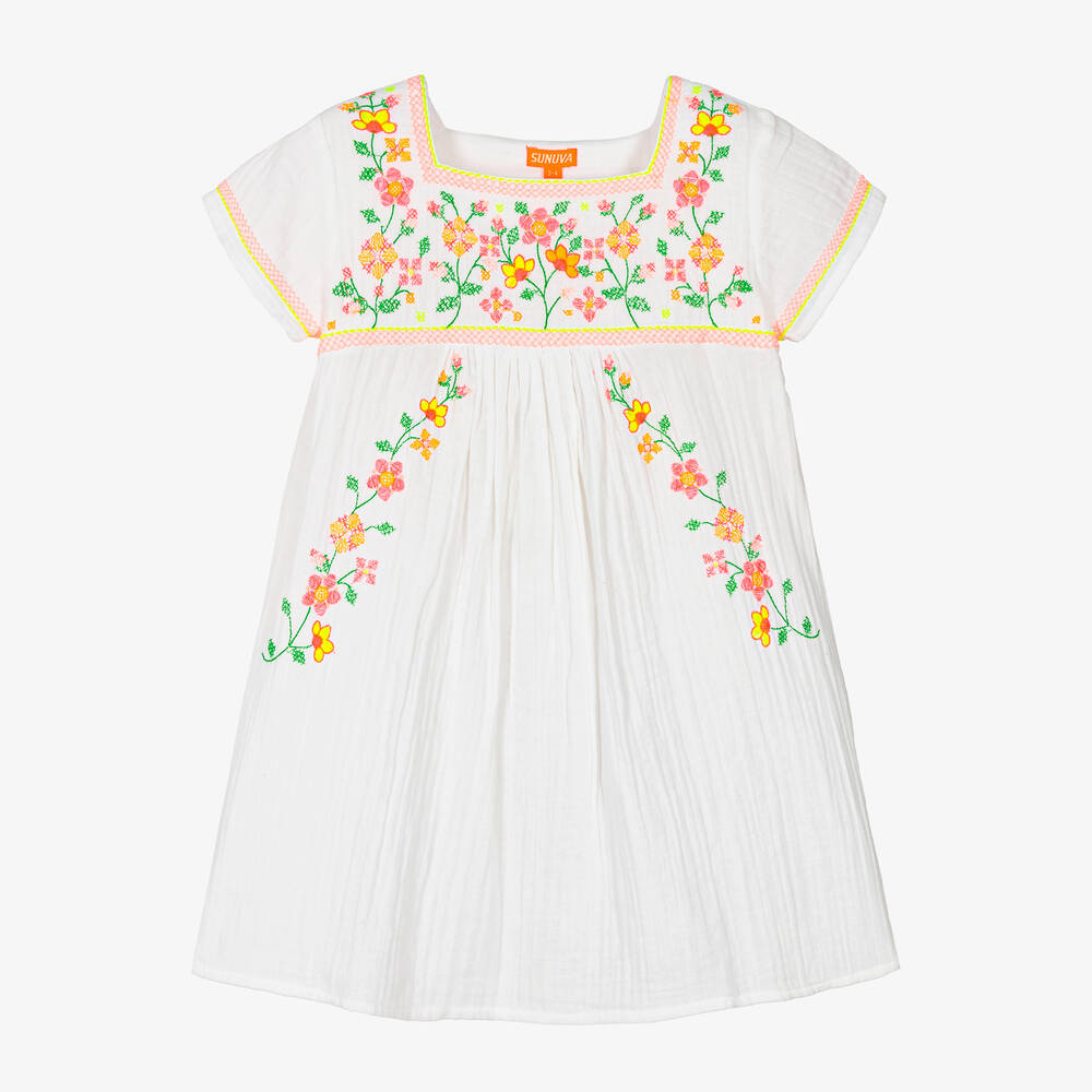 Sunuva - فستان شاطيء قطن لون أبيض بطبعة ورود | Childrensalon