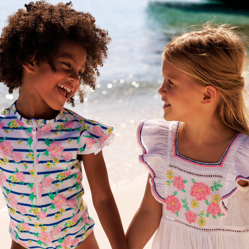 Sunuva-Girls White Stripe & Floral Zip-Up Swimsuit | Childrensalon Outlet