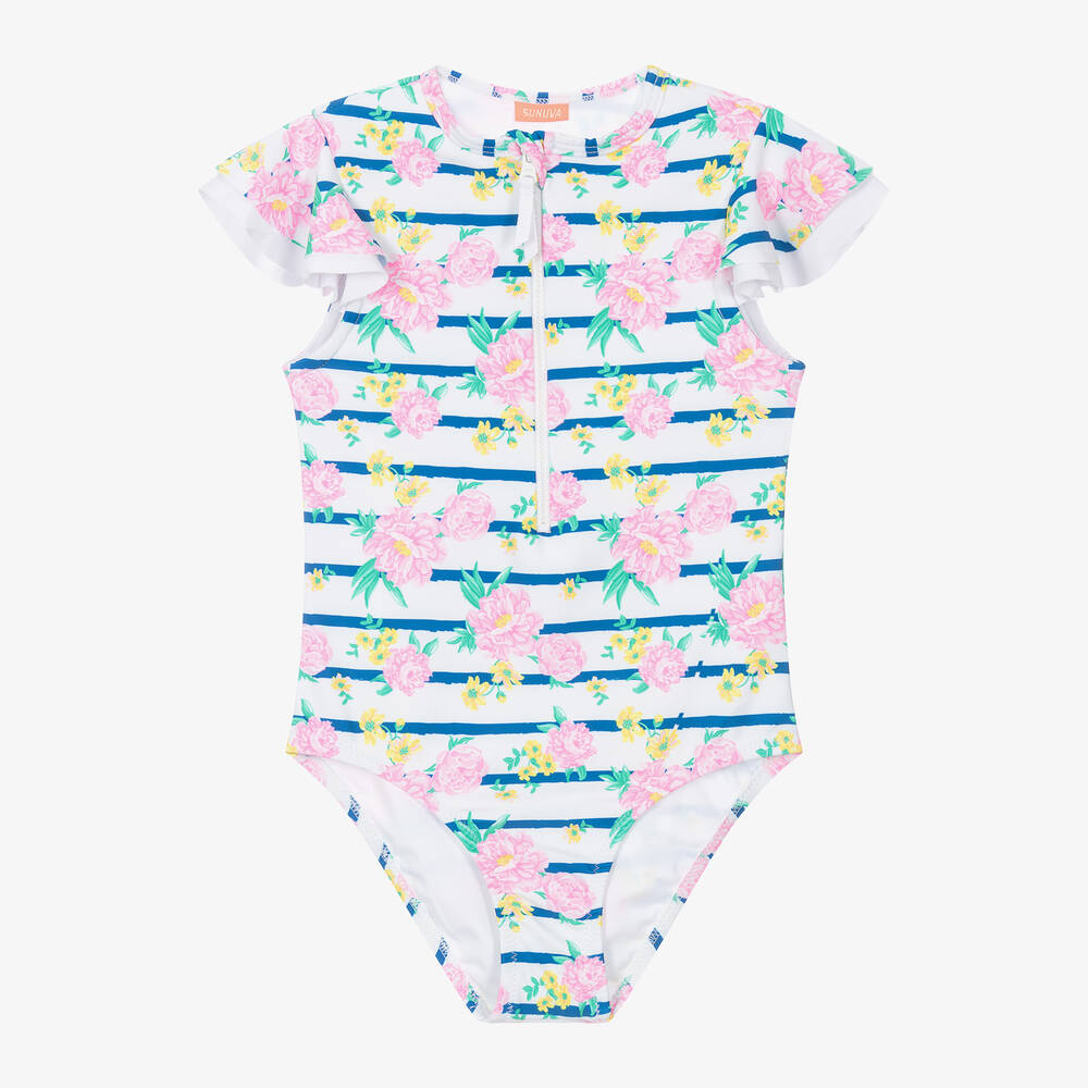 Sunuva-Girls White Stripe & Floral Zip-Up Swimsuit | Childrensalon Outlet