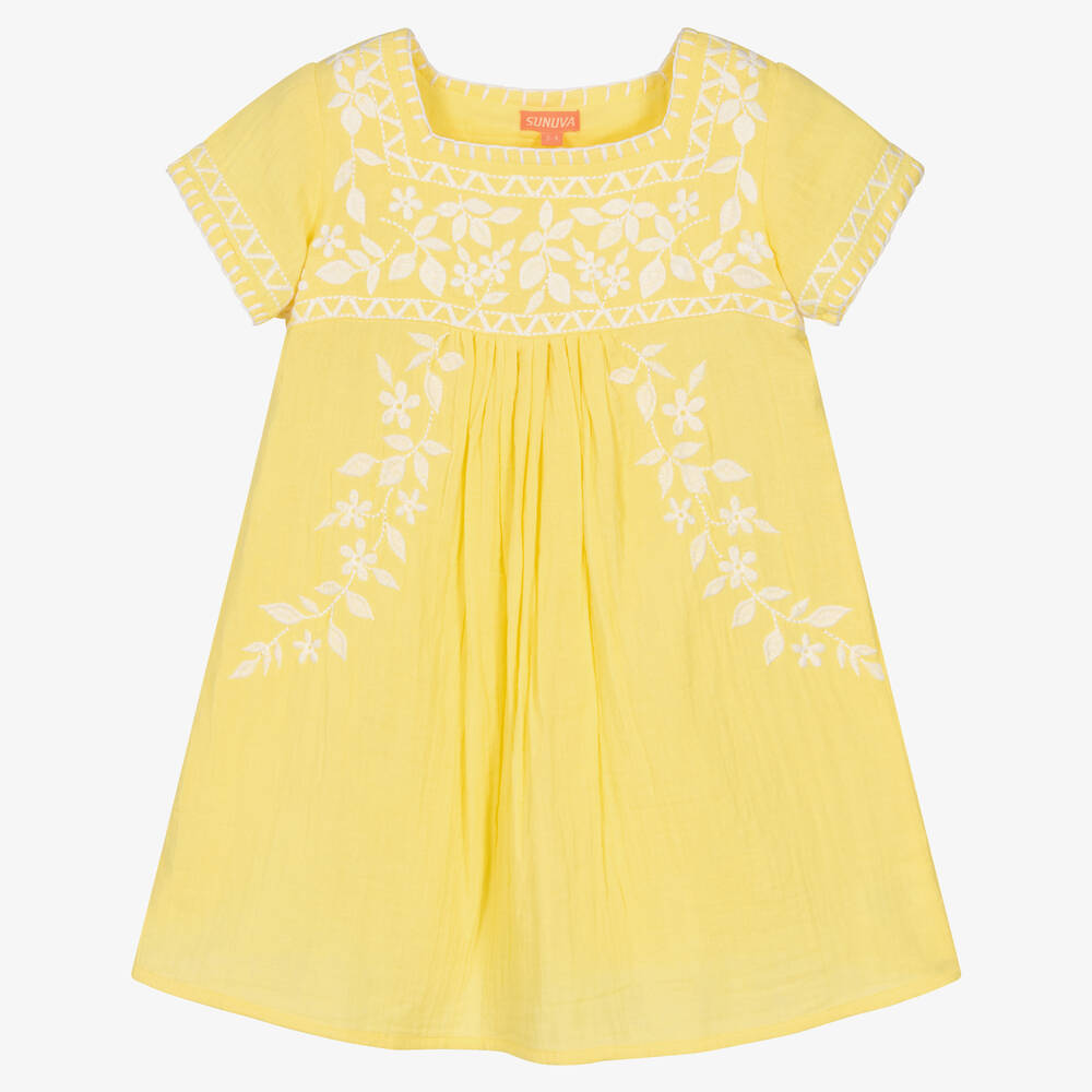 Sunuva - Girls Yellow Cotton Embroidered Dress | Childrensalon